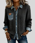 Women's Relaxed Cable-Knit Shacket with Denim Collar - Black