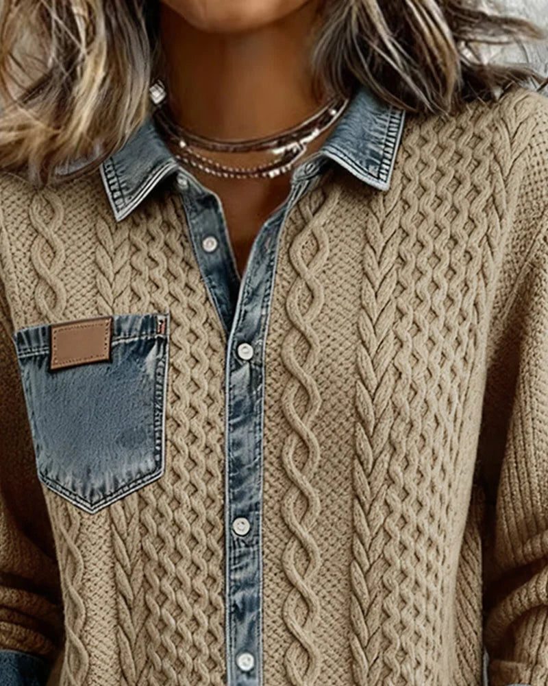 Women's Relaxed Cable-Knit Shacket with Denim Collar