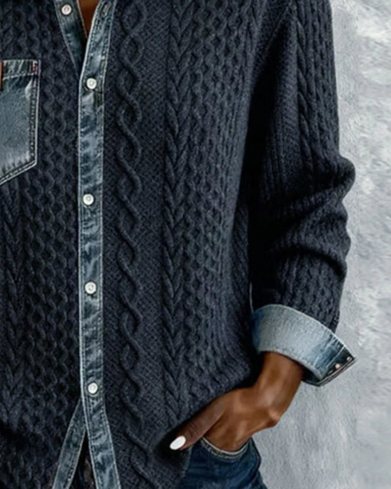 Women's Relaxed Cable-Knit Shacket with Denim Collar