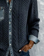 Women's Relaxed Cable-Knit Shacket with Denim Collar