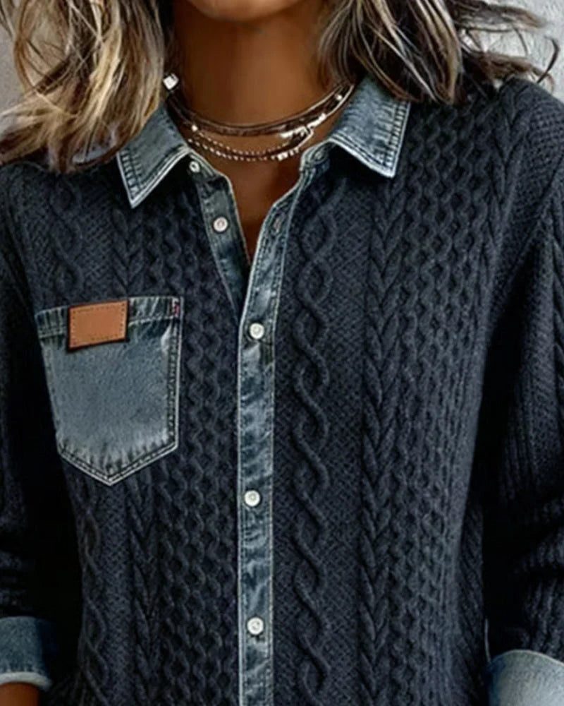 Women's Relaxed Cable-Knit Shacket with Denim Collar