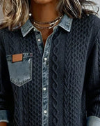 Women's Relaxed Cable-Knit Shacket with Denim Collar