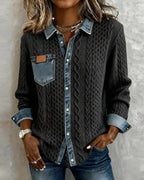Women's Relaxed Cable-Knit Shacket with Denim Collar