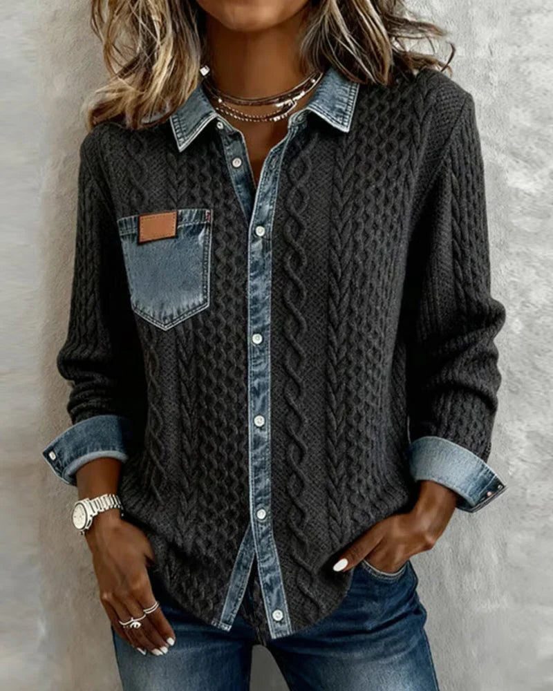 Women's Relaxed Cable-Knit Shacket with Denim Collar
