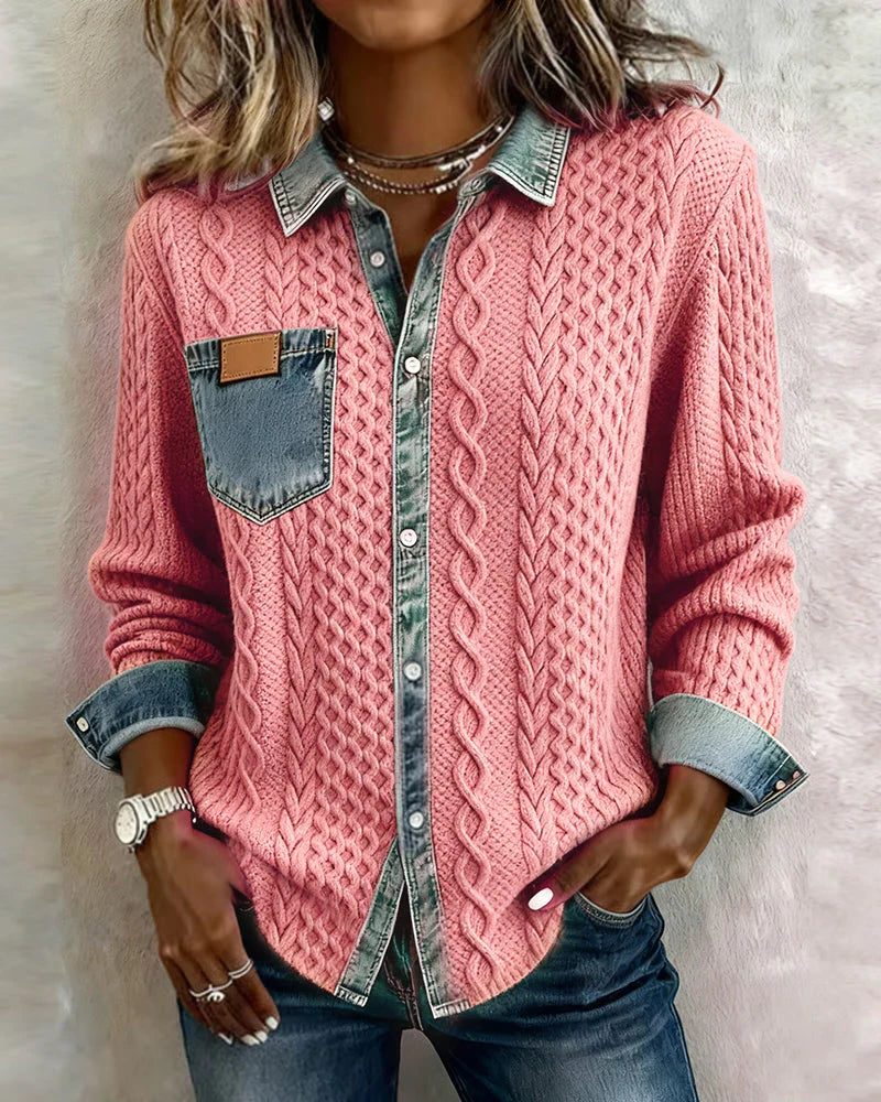 Women's Relaxed Cable-Knit Shacket with Denim Collar - Pink