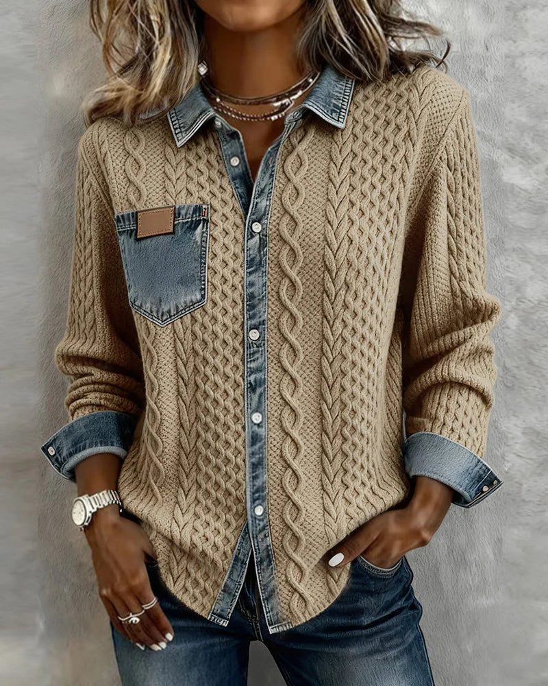 Women's Relaxed Cable-Knit Shacket with Denim Collar - Khaki
