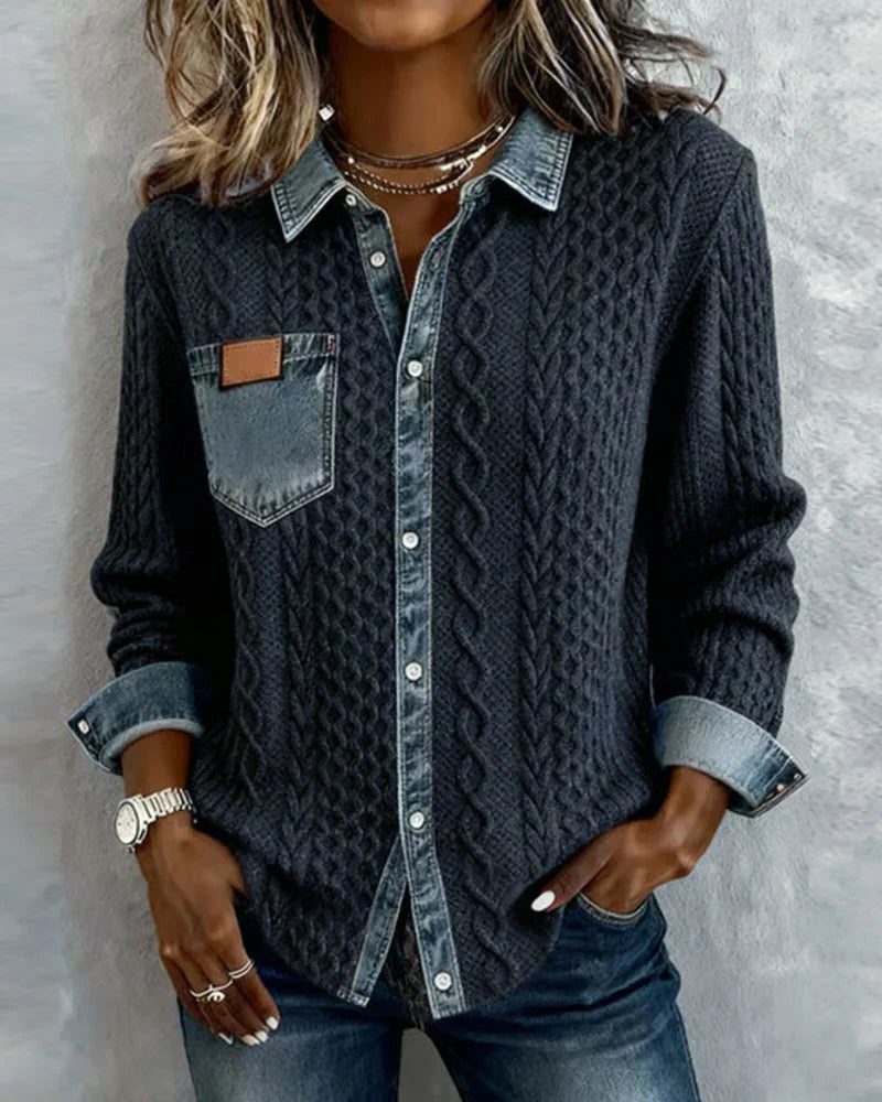 Women's Relaxed Cable-Knit Shacket with Denim Collar - Blue