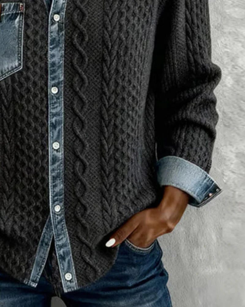 Women's Relaxed Cable-Knit Shacket with Denim Collar