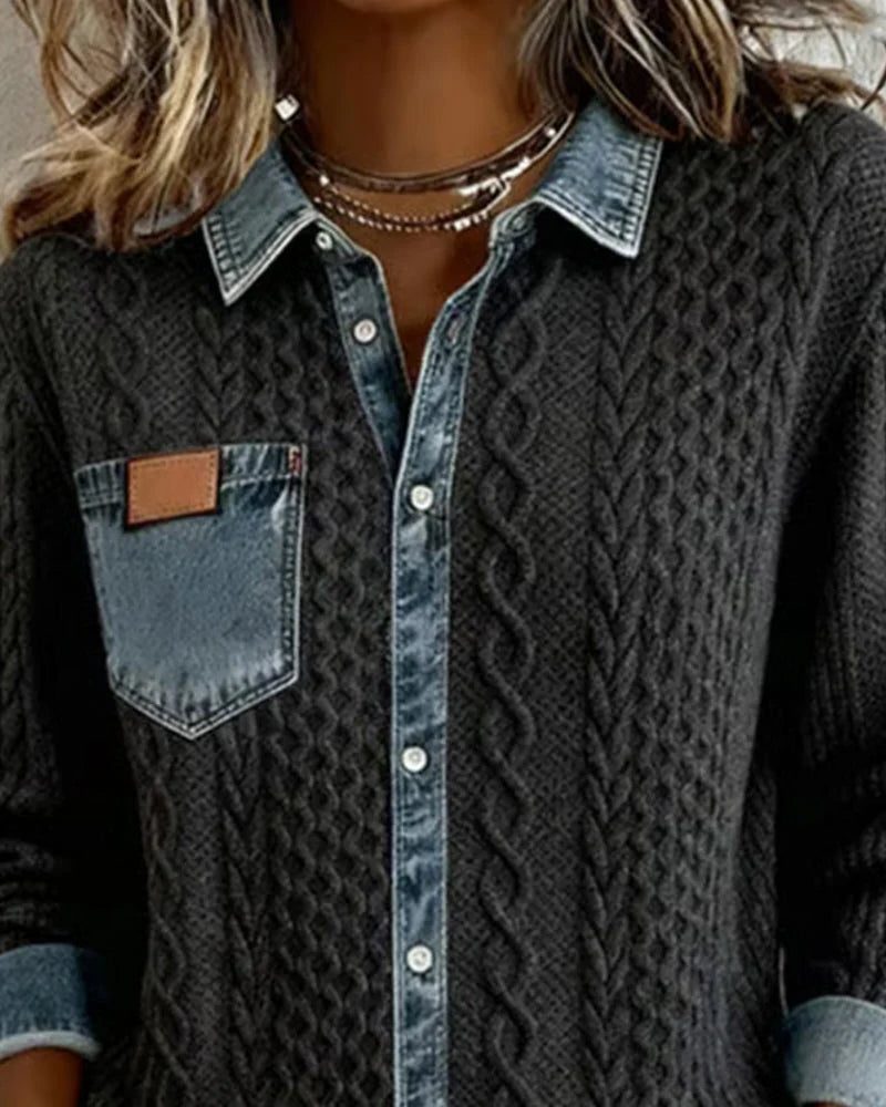 Women's Relaxed Cable-Knit Shacket with Denim Collar