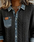 Women's Relaxed Cable-Knit Shacket with Denim Collar