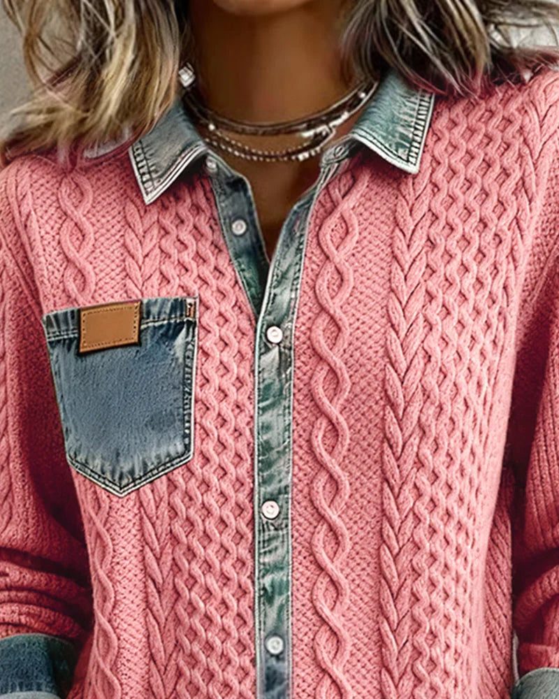 Women's Relaxed Cable-Knit Shacket with Denim Collar