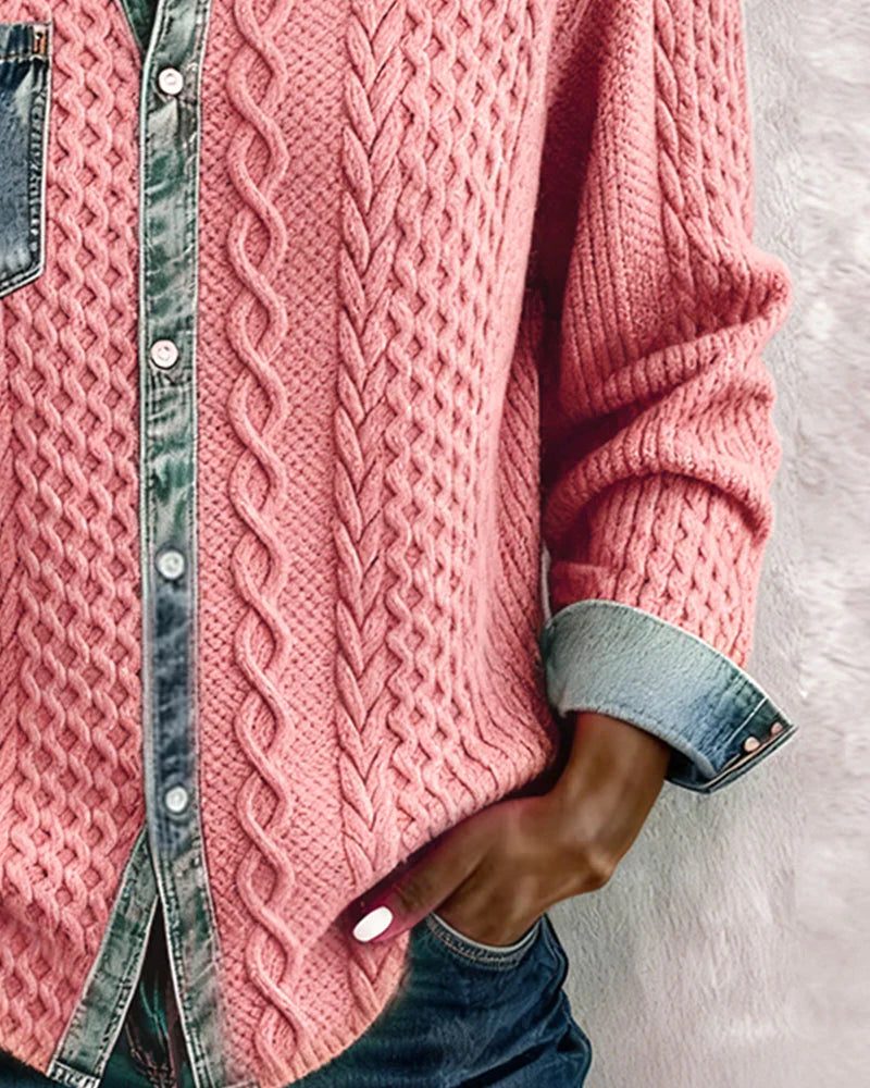 Women's Relaxed Cable-Knit Shacket with Denim Collar