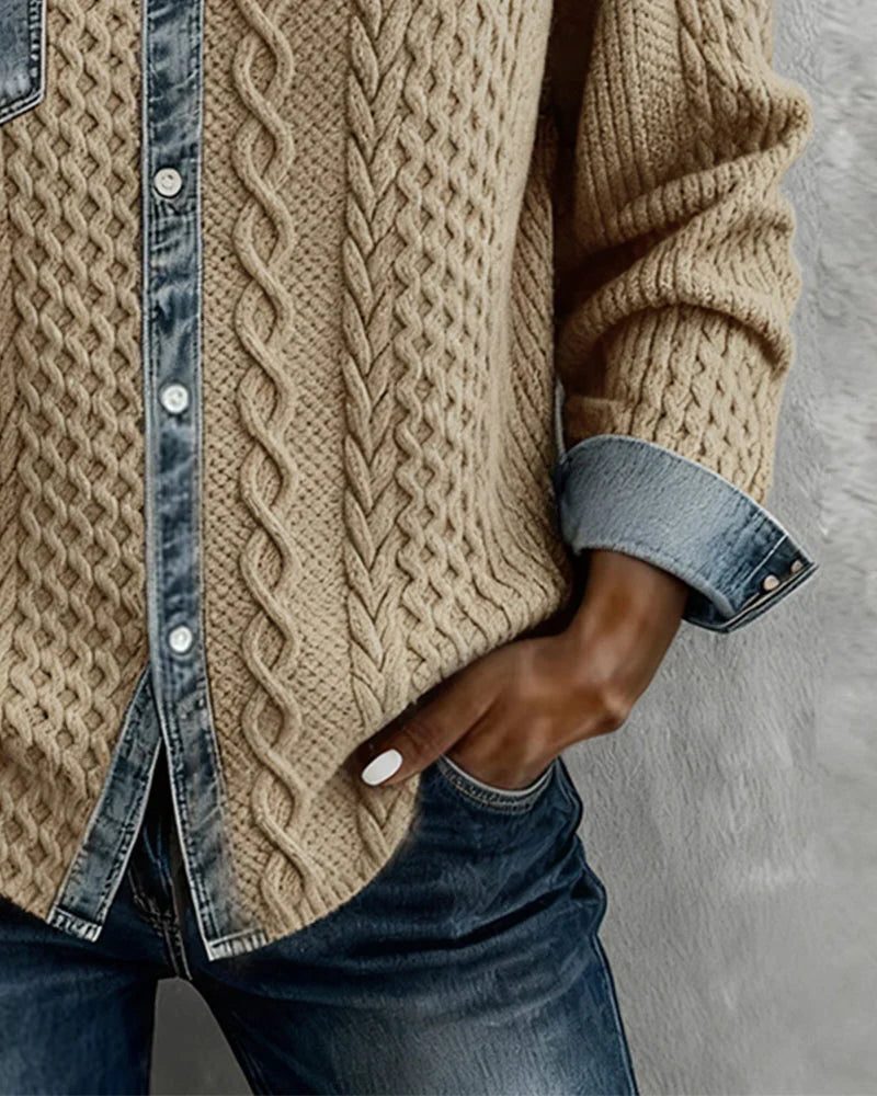 Women's Relaxed Cable-Knit Shacket with Denim Collar