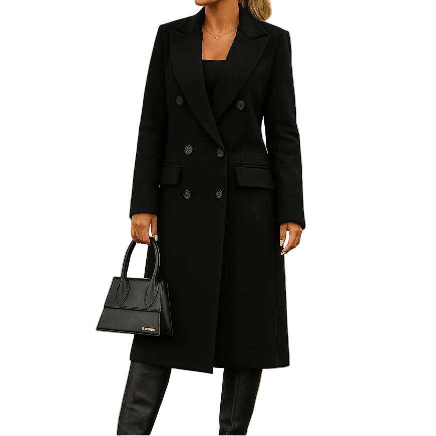 Women's Shaped-Waist Double-Breasted Wool Coat in a Long Cut - Black