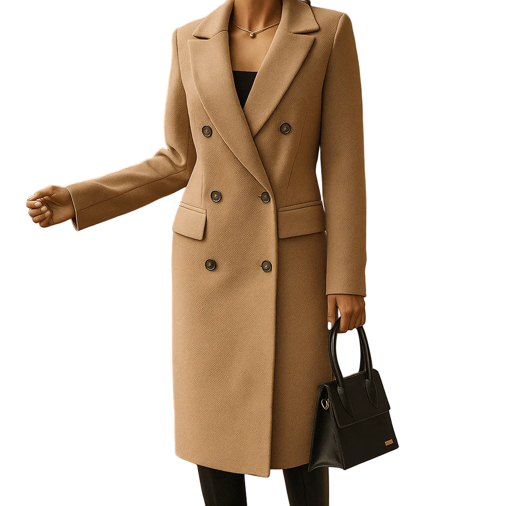 Women's Shaped-Waist Double-Breasted Wool Coat in a Long Cut - Khaki