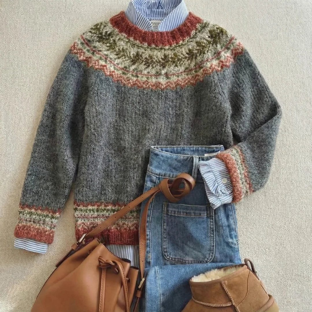 Women's Festive Fair Isle Crew Neck Jumper - Stone Grey Mix