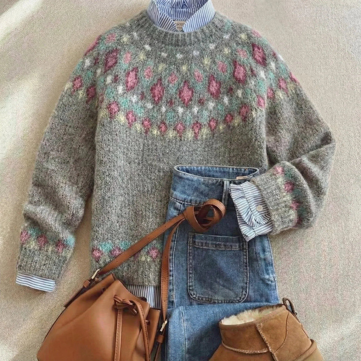 Women's Festive Fair Isle Crew Neck Jumper - Soft Grey Pastel