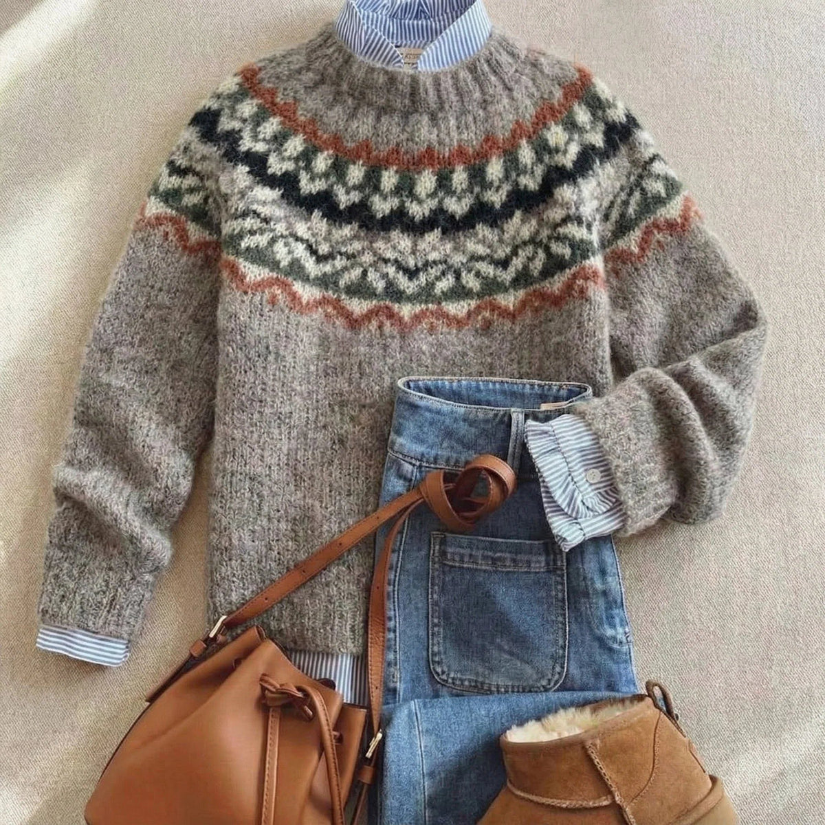 Women's Festive Fair Isle Crew Neck Jumper - Light Ash Mix