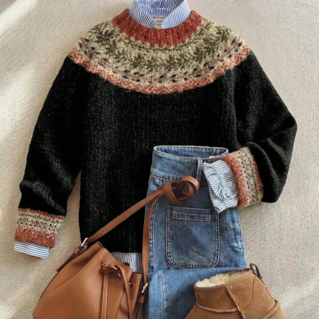 Women's Festive Fair Isle Crew Neck Jumper - Black