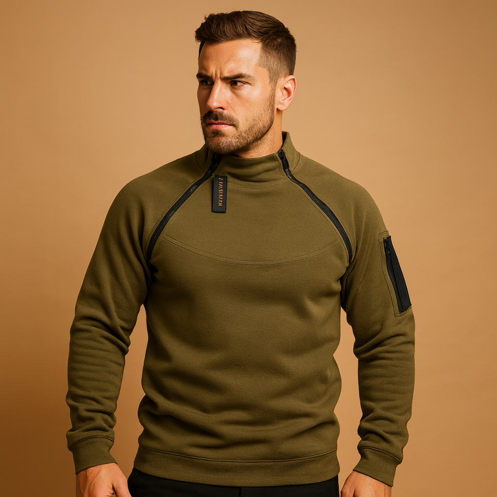 Men's Sleeve-Pocket High-Neck Layering Jumper - Olive Green