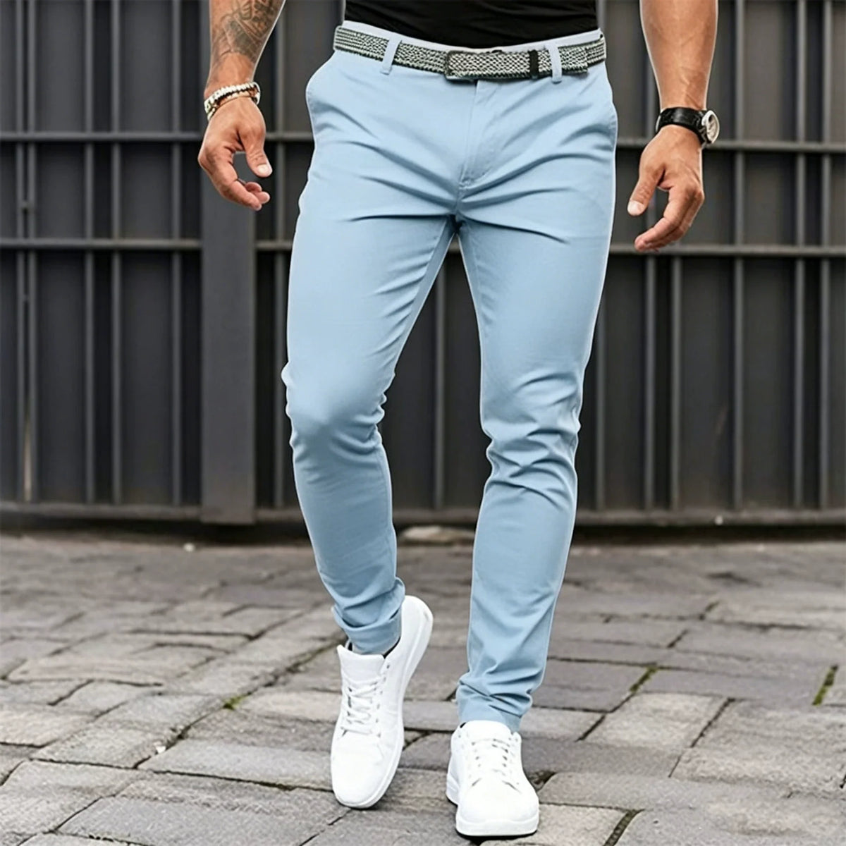 Men's Smart Jogger-Cut Trousers with Flat Front and Stretch - Light Blue