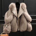 Women's Statement Leather-Look Zip Jacket with Faux Fur Shoulders - Light Brown