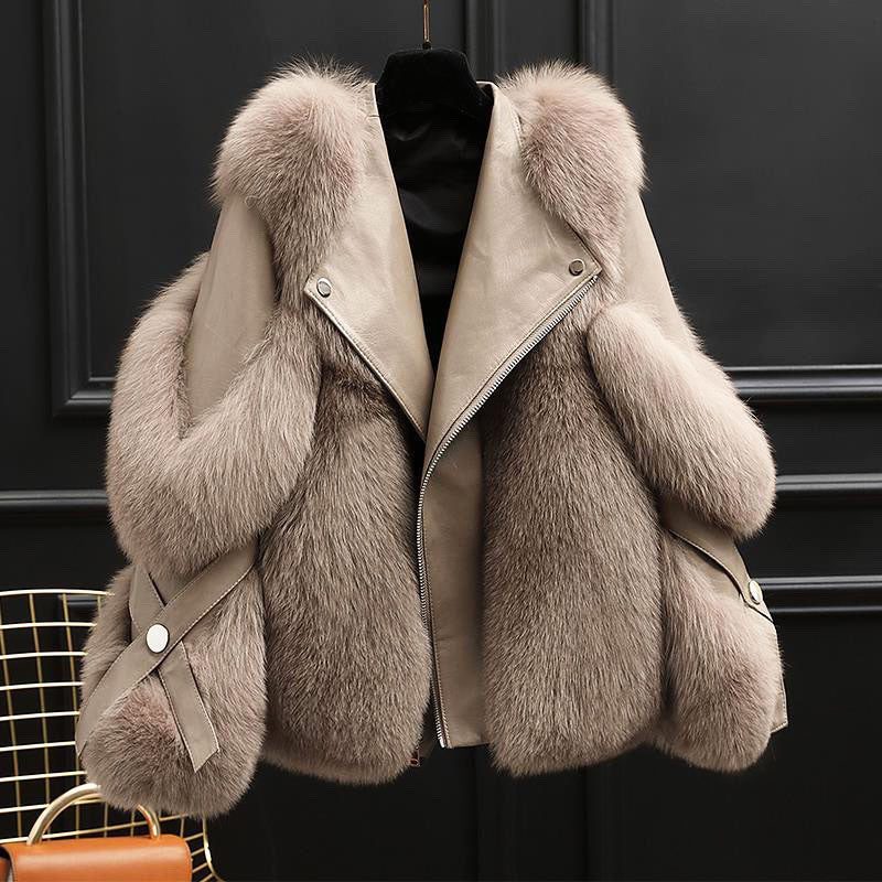 Women's Statement Leather-Look Zip Jacket with Faux Fur Shoulders - Light Brown