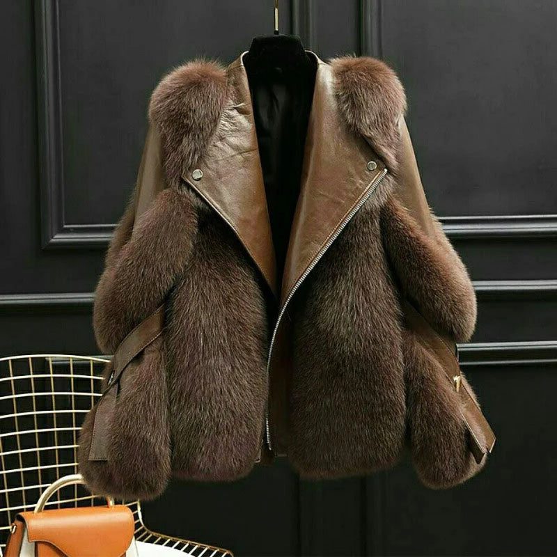 Women's Statement Leather-Look Zip Jacket with Faux Fur Shoulders - Brown