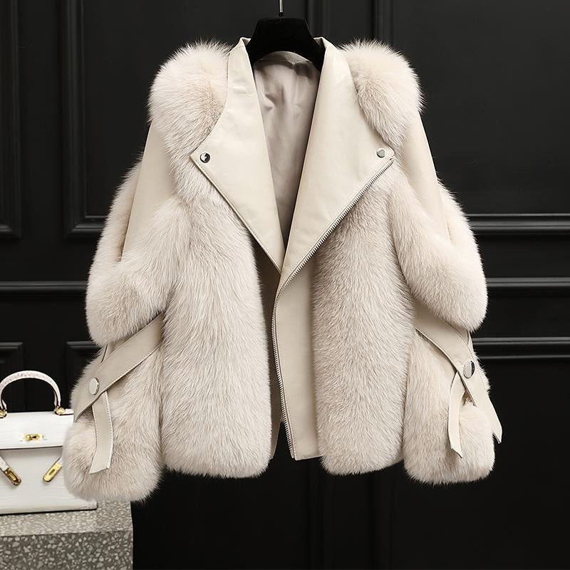Women's Statement Leather-Look Zip Jacket with Faux Fur Shoulders - White