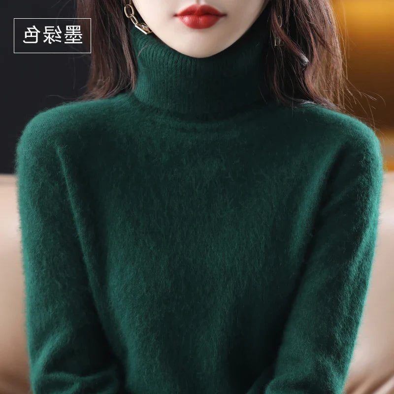 Women's Soft Rib-Knit High Neck Jumper for Everyday Layering - Green