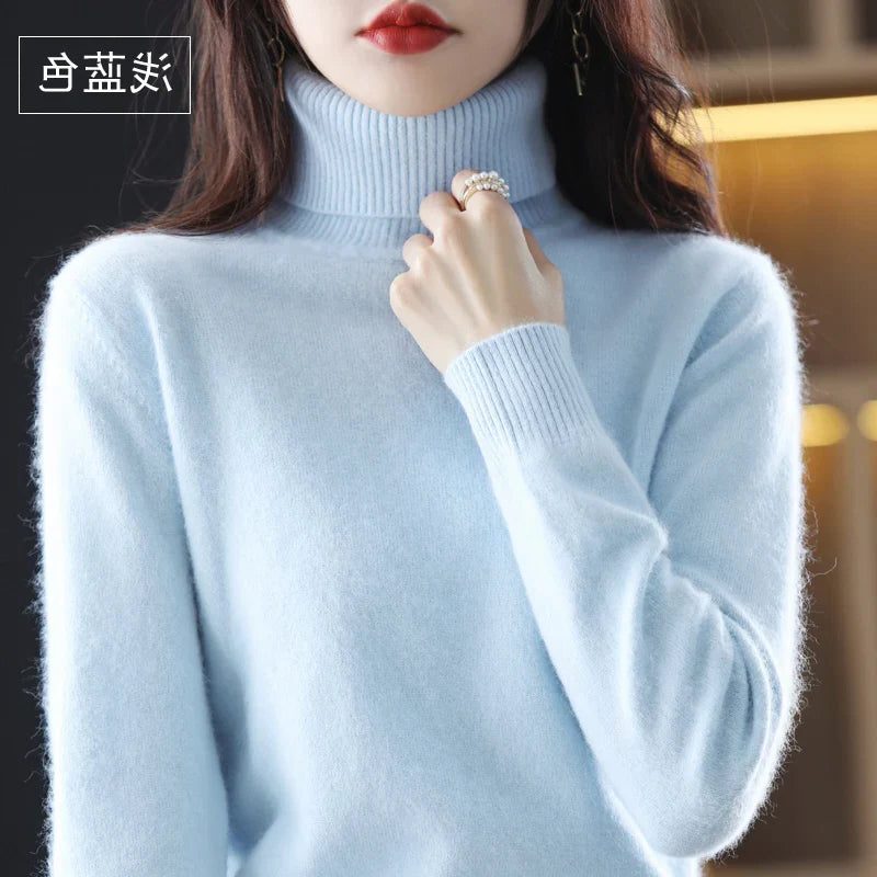 Women's Soft Rib-Knit High Neck Jumper for Everyday Layering - Sky Blue