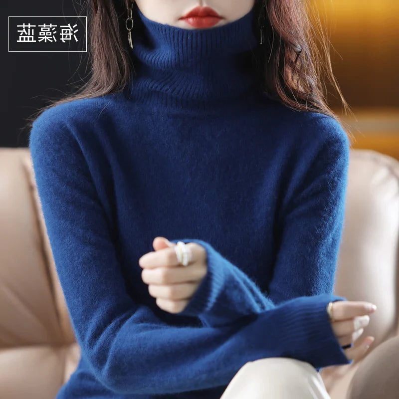 Women's Soft Rib-Knit High Neck Jumper for Everyday Layering - Navy Blue
