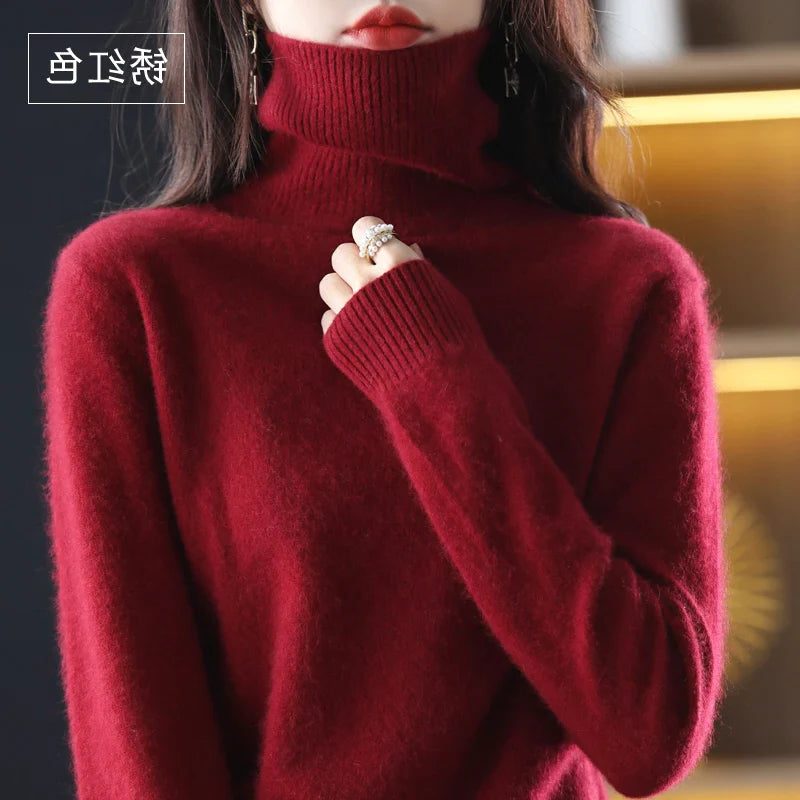 Women's Soft Rib-Knit High Neck Jumper for Everyday Layering - Burgundy