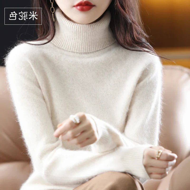 Women's Soft Rib-Knit High Neck Jumper for Everyday Layering - Beige