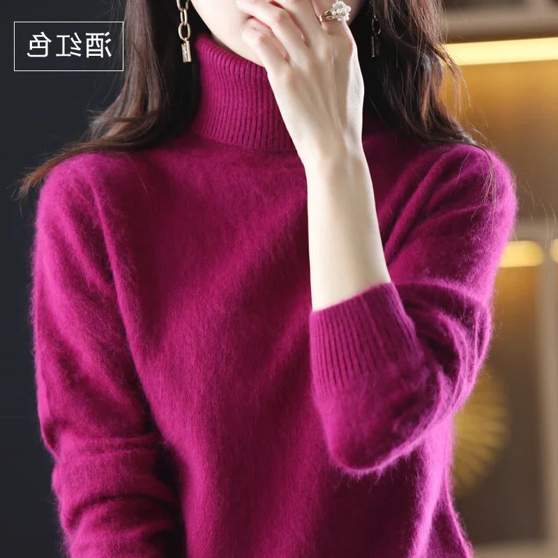 Women's Soft Rib-Knit High Neck Jumper for Everyday Layering - Fuchsia