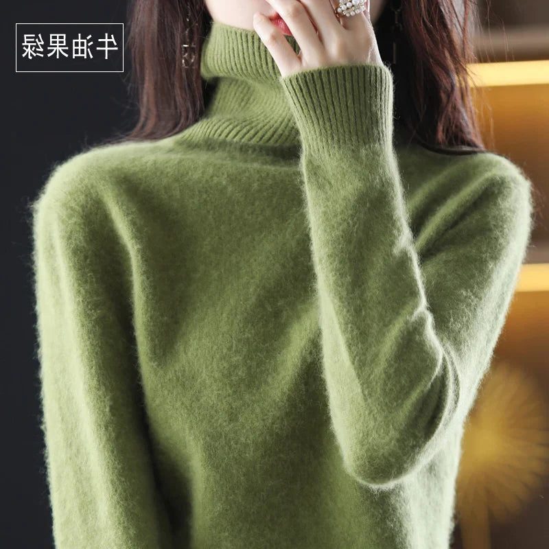 Women's Soft Rib-Knit High Neck Jumper for Everyday Layering - Army Green