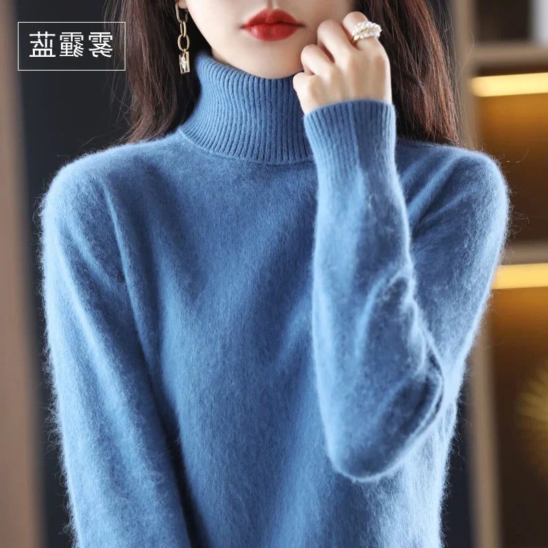 Women's Soft Rib-Knit High Neck Jumper for Everyday Layering - Blue