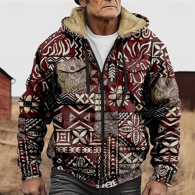 Men's All-Over Print Relaxed Hooded Jacket with Soft Lining - Burgundy
