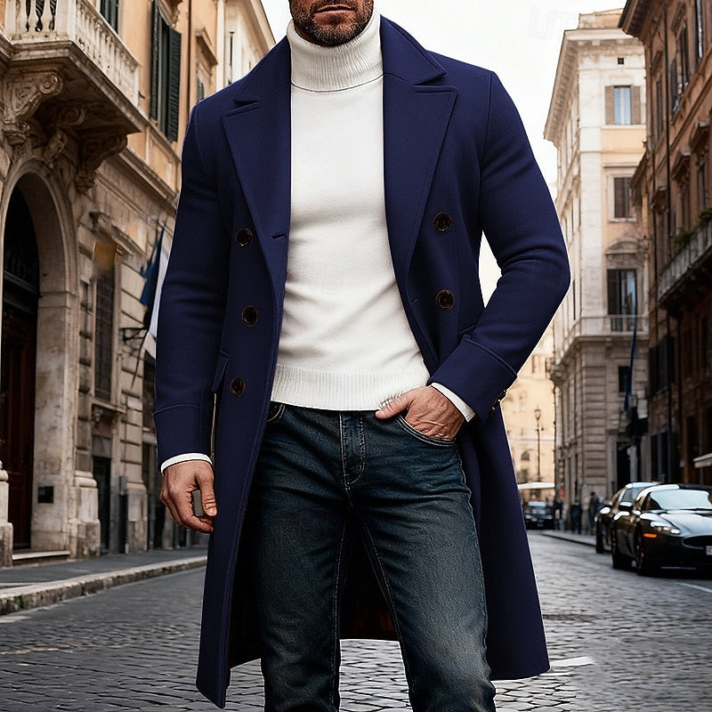 Men's Structured Winter Overcoat in a Long Double-Breasted Cut