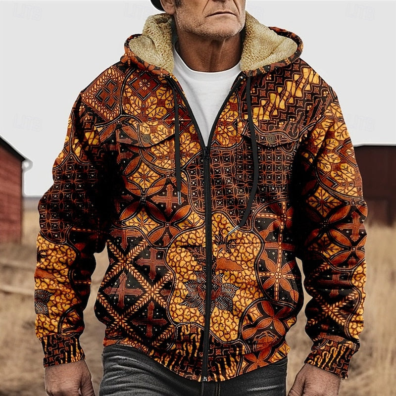 Men's All-Over Print Relaxed Hooded Jacket with Soft Lining - Orange