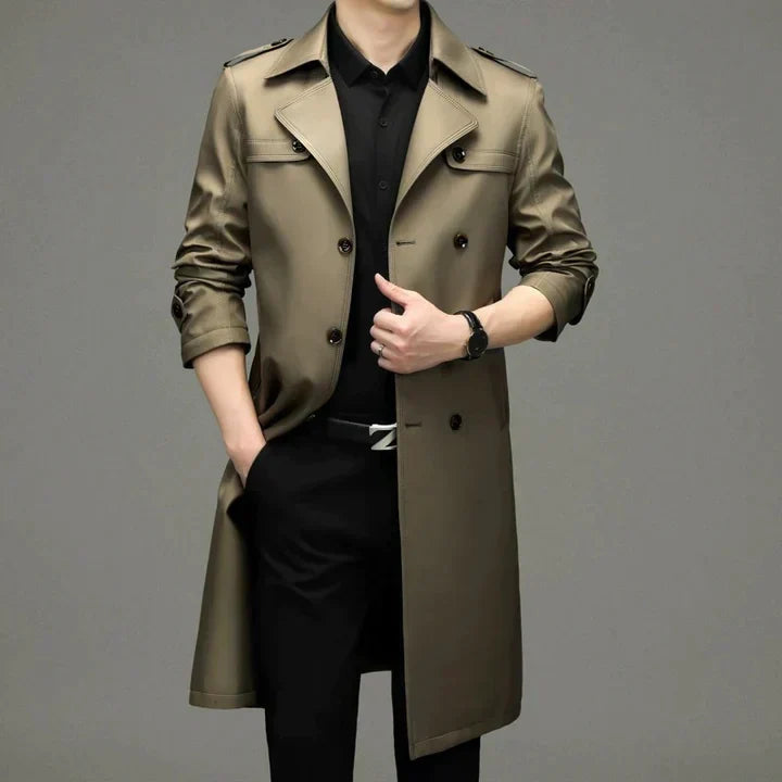 Men's Straight-Fit Longline Double-Breasted Trench Coat - Khaki