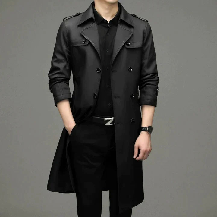 Men's Straight-Fit Longline Double-Breasted Trench Coat - Black