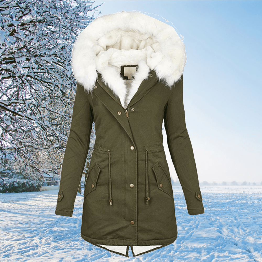 Women's Waterproof Hooded Parka with Adjustable Waist - Olive Green