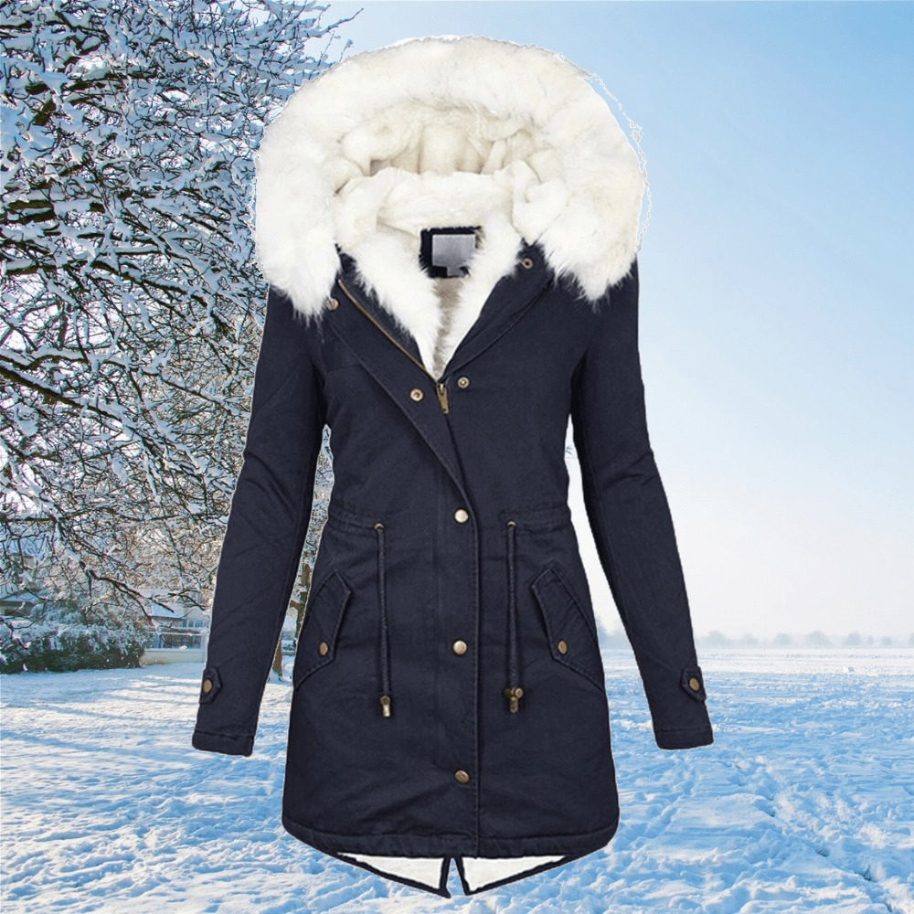 Women's Waterproof Hooded Parka with Adjustable Waist - Dark Blue