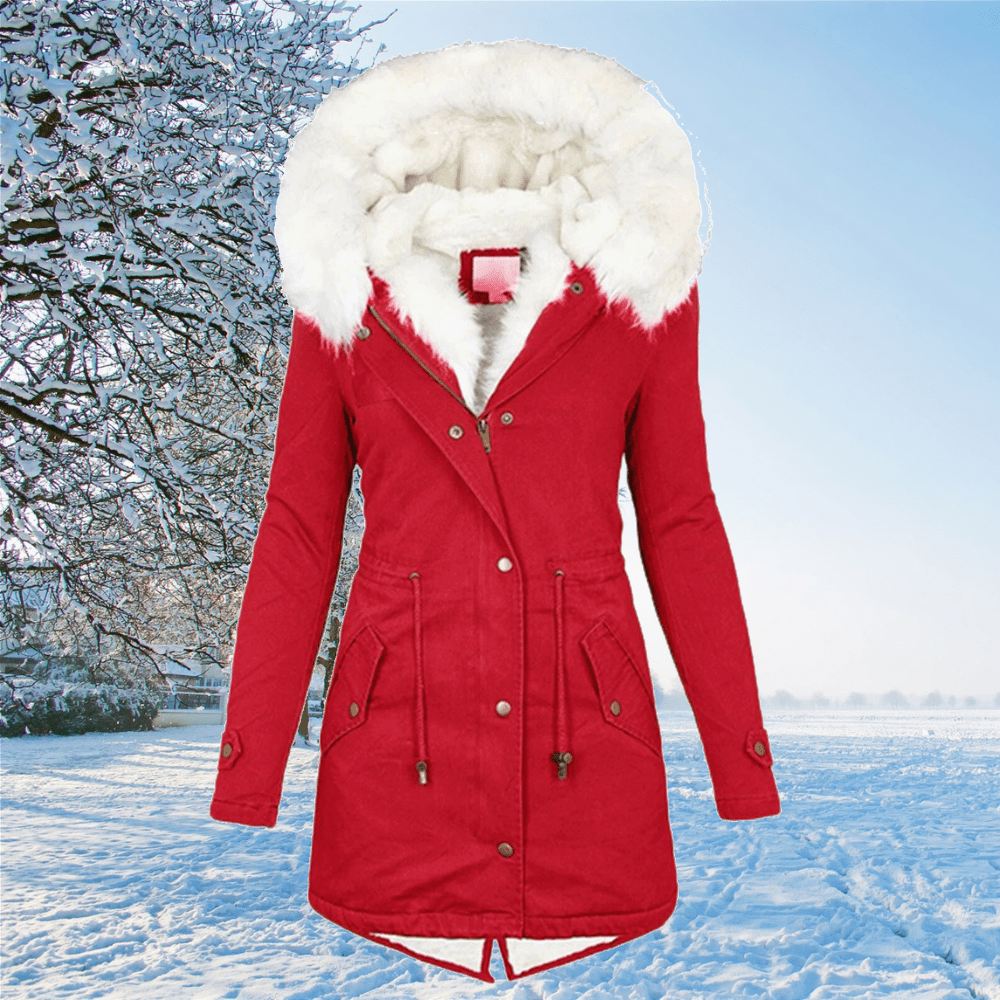 Women's Waterproof Hooded Parka with Adjustable Waist - Red