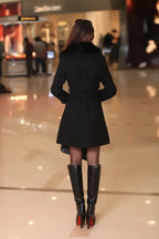 Women's Lightly Fitted Button-Front Dress Coat with Plush Trim