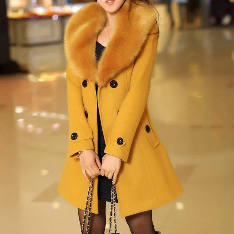 Women's Lightly Fitted Button-Front Dress Coat with Plush Trim - Yellow