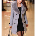 Women's Lightly Fitted Button-Front Dress Coat with Plush Trim - Grey