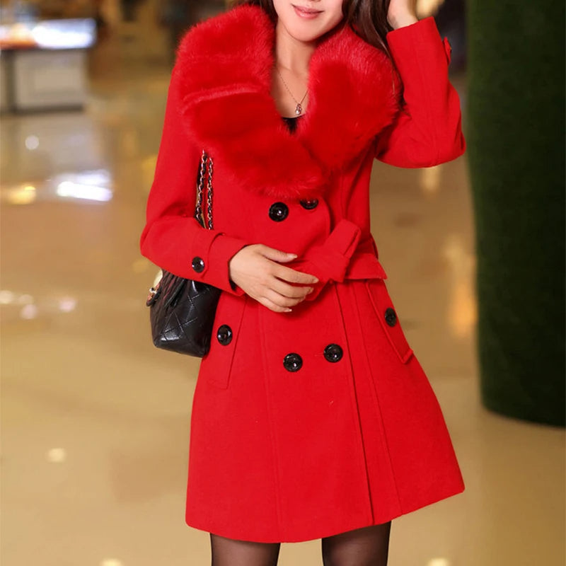Women's Lightly Fitted Button-Front Dress Coat with Plush Trim - Red