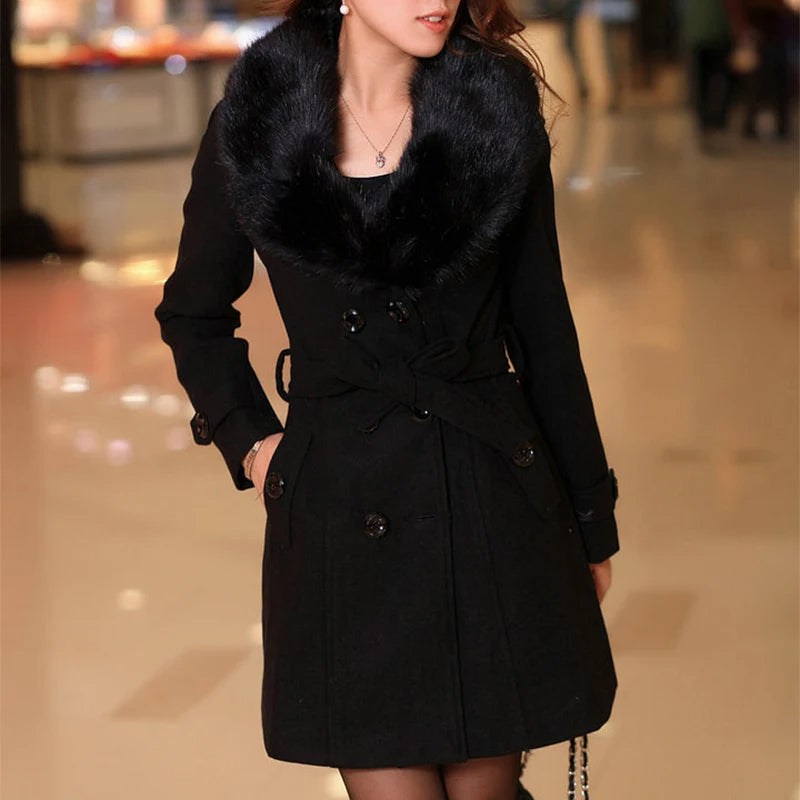Women's Lightly Fitted Button-Front Dress Coat with Plush Trim - Black
